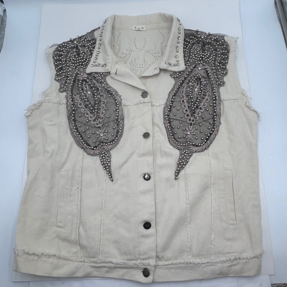 POL Embellished Denim Vest Cream Size S Oversized Beaded Studded Trucker Jacket - Picture 13 of 13